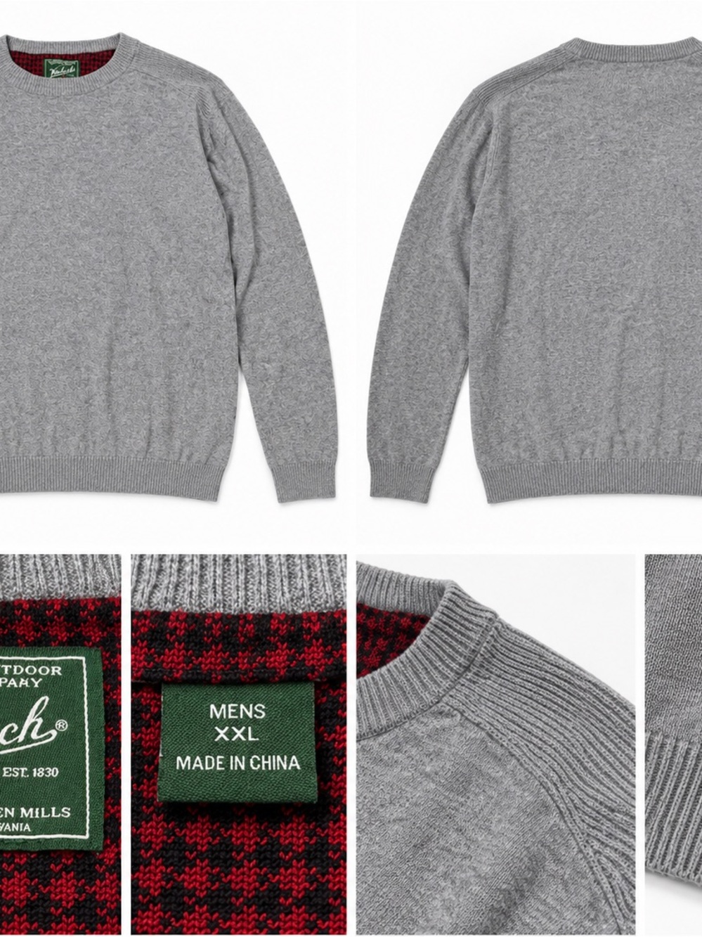 L.L. Bean Men’s Crewneck Sweater in Heather Gray with Red Plaid Trim